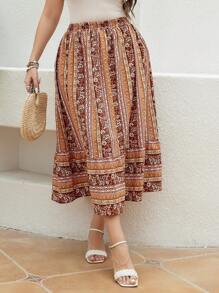 Mulvari Plus Size Women's Geometric Pattern Skirt With Ruffle Hem - Mustard Yellow - View 6