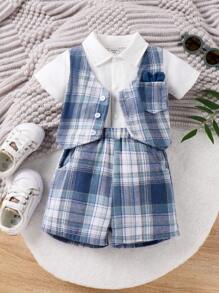 Baby Mädchen modischer und lässiger kurzärmliger Bodysuit mit Karo- und Druckknopfmuster und Shorts