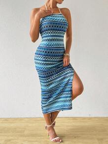 Chiquease 女士時尚幾何印花露背側開叉連衣裙