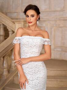 SHEIN Belle Élégante et superbe robe de mariée sirène blanche épaule nue avec incrustation de dentelle époustouflante et longue traîne - Beige - Voir 2