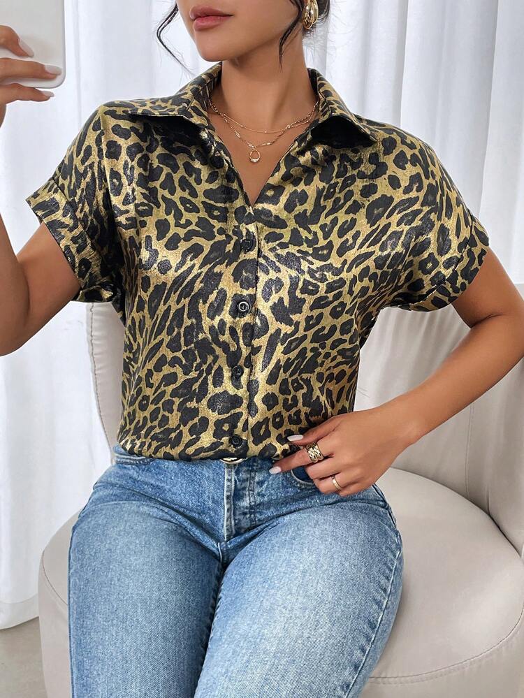 Summer Casual Leopard Print Batwing Sleeve Shirt