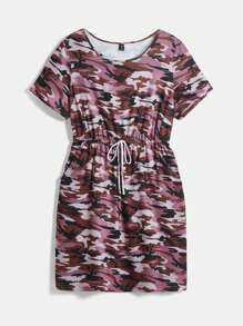 SHEIN LUNE Plus Size Mùa Hè Cổ Tròn Tay Ngắn Họa Tiết Ngụy Trang - Màu tím - Xem 1