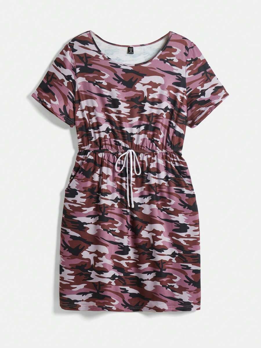 SHEIN LUNE Plus Size Mùa Hè Cổ Tròn Tay Ngắn Họa Tiết Ngụy Trang - Màu tím - Xem 1