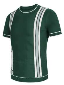 Men Striped Jacquard Collar Pullover Sweater - Dark Green - View 2