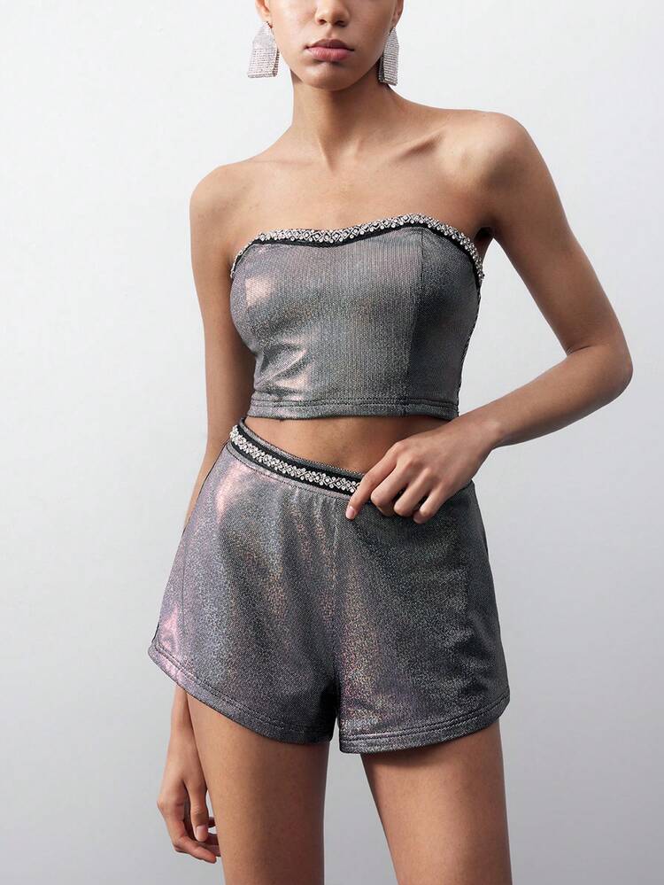 SHEIN Maija レディースファッション ストラップレス トップス ショートパンツ 2点セット