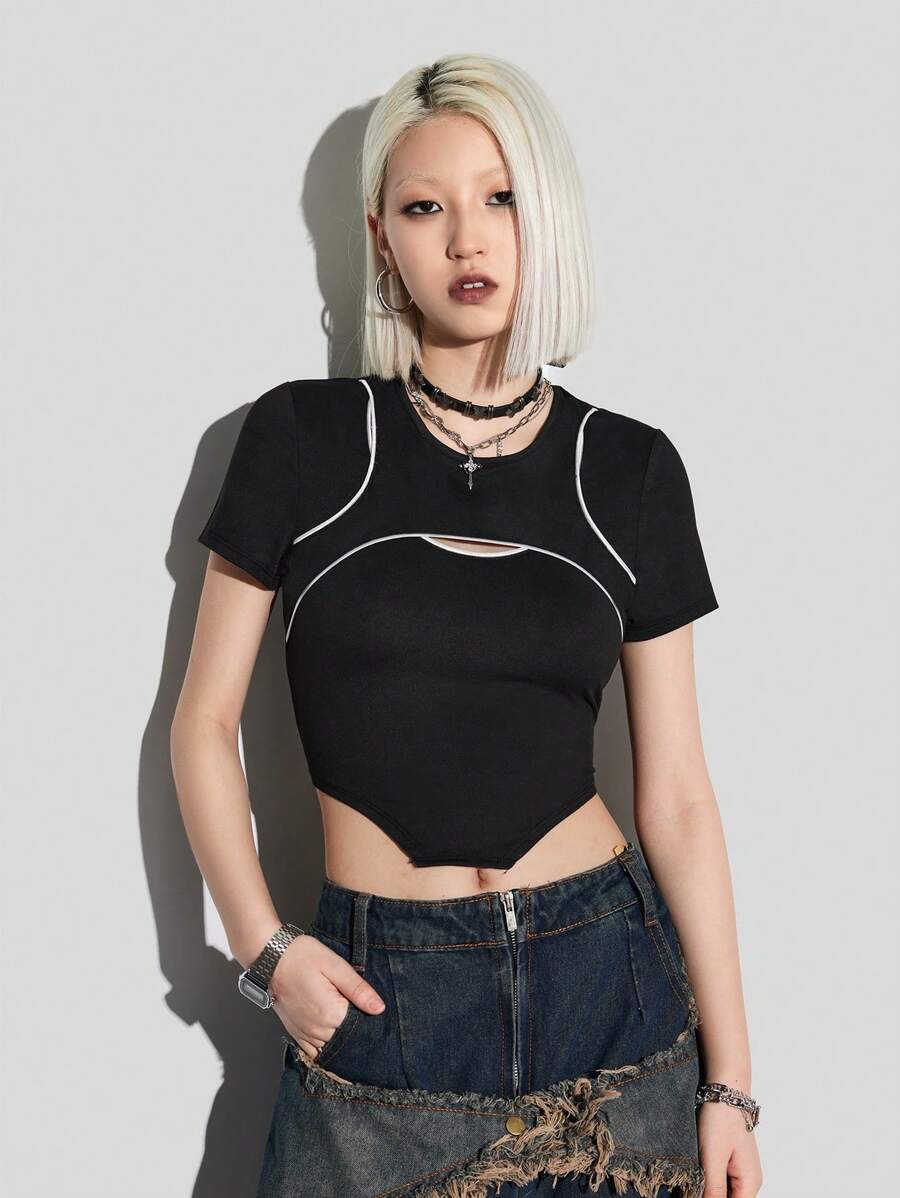 SHEIN EZwear Women's Minimalist Crew Neck Patchwork Short Sleeve Casual Top - Black - View 1