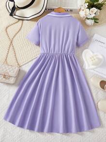 SHEIN 少女心印花V領短袖運動連衣裙，夏日必備 - 紫色 - 查看 2