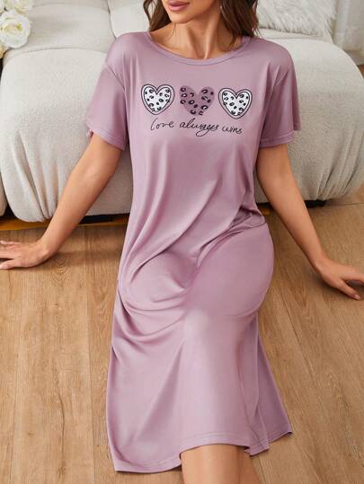 Drawn Leopard Print Heart Shaped Text Pattern Round Neck Short Sleeve Women Sleep Dress Pajama Dress, Moo