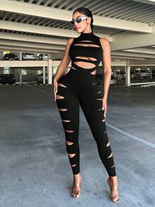 SHEIN SXY Women Hollow Out Black Round Neck Sleeveless Jumpsuit - Black - View 3