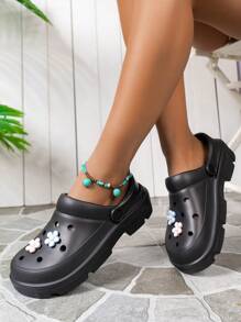 花卉图案轻便女士甜美防水塑料两穿厚底EVA镂空鞋，沙滩装 - 黑色 - 查看 5