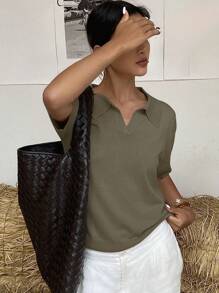 Livesso 纯色短袖 Polo 领宽松女士针织衫夏季