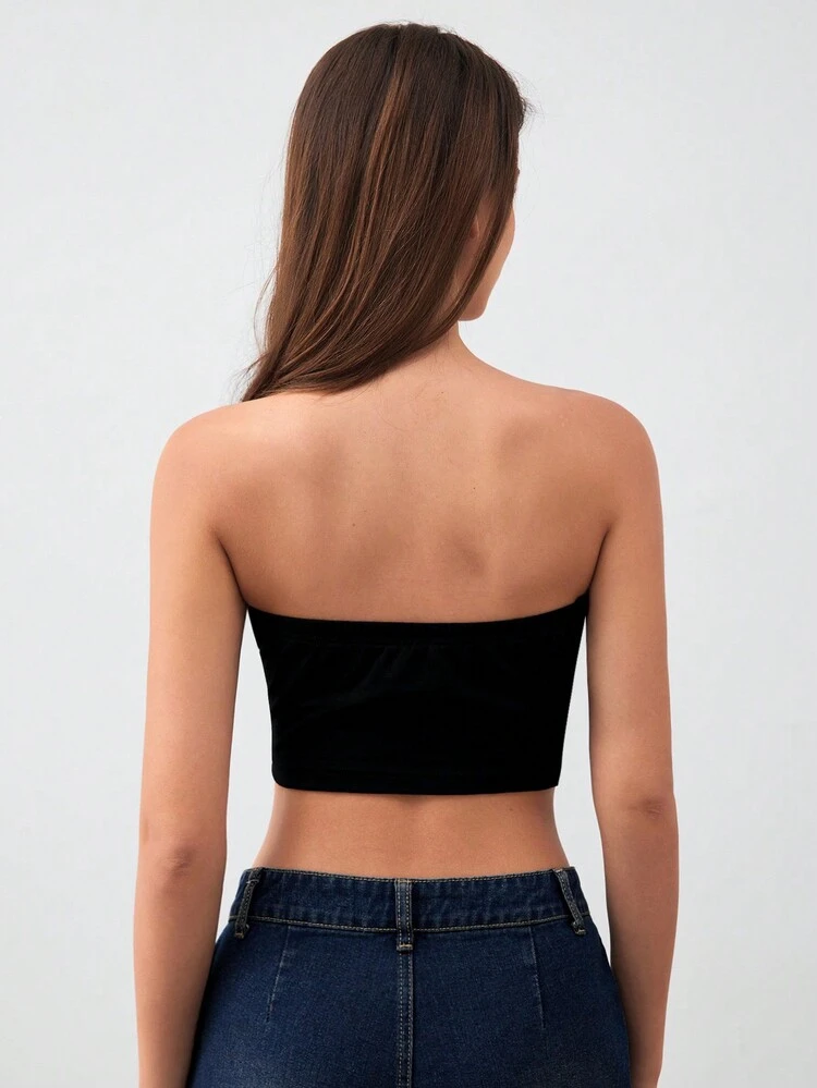 Women Letter Print Beaded Decor Slim Fit Cropped Bustier Top For Summer