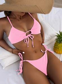 SHEIN Swim 女士夏季海滩时尚无线细肩带比基尼套装，度假比基尼套装 - 淺粉色 - 查看 5
