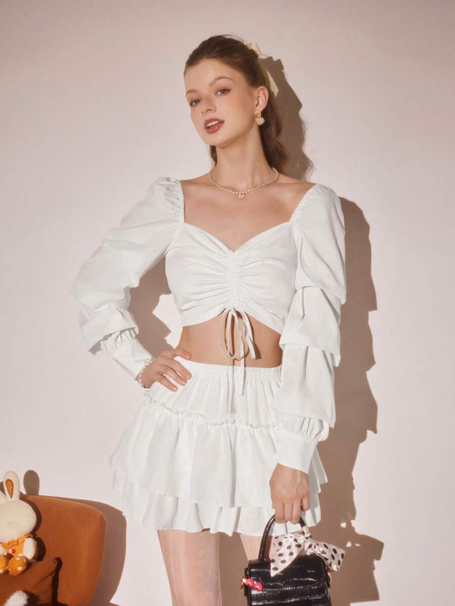 GENKIRA Camisa Casual Feminina de Manga Longa, Cor Sólida, Com Decote Coração e Babados Curtos com Cordão para Primavera/Verão - Branco - Visão 1