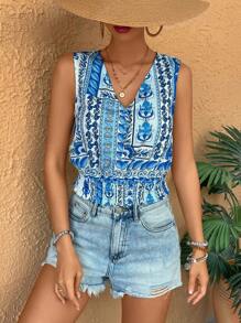 SHEIN VCAY Women Vintage Style V-Neck Floral Print Sleeveless Blouse