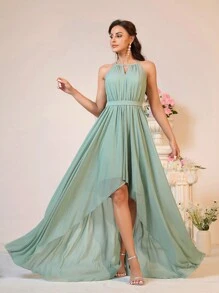 SHEIN Belle Elegante y atmosférico vestido verde judía con cuello halter, fruncido en la cintura alta, efecto estilizador, corte asimétrico en A, versátil para bodas formales, eventos, al aire libre, jardín o interior, vestido de dama de honor (adulto) - verde menta - Ver 7