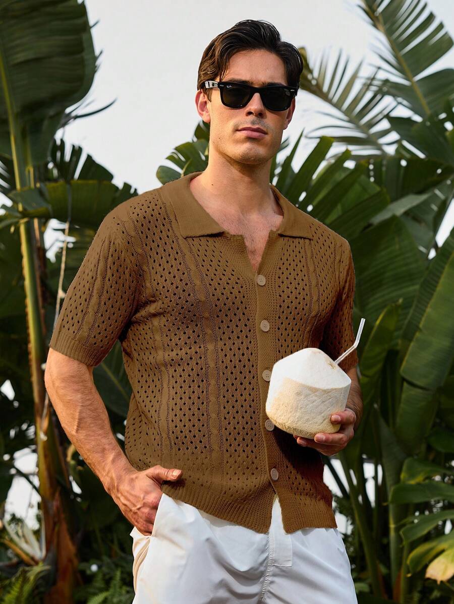 Manfinity Homme Đàn ông mùa hè ngắn tay áo dệt kim thông thường có nút ngực đơn - Cà phê nâu - Xem 1