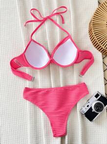 SHEIN Swim Summer Beach Vacation Swimming Pool Solid Texture Push-Up Bikini Set With Underwire