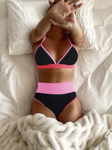 SHEIN Swim Color Block Splicing Two-Piece Bikini Set, Summer Beach - Multicolor - View 1