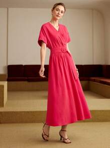 MOTF PREMIUM SOLID SURPLICE NECK BATWING SLEEVE BUCKLE BELTED DRESS