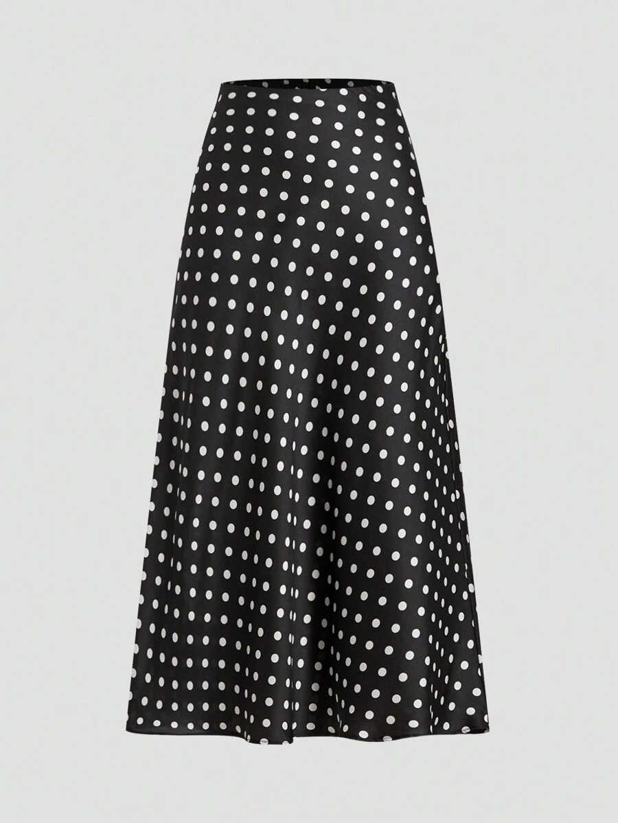 Firerie Elegant Polka Dot Satin Skirt - Black - View 1