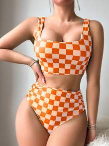 SHEIN Swim Women Checkered Print Square Neck Underwire Bikini Set For Summer Beach