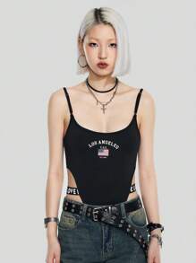 SHEIN Coolane 美國國旗和字母圖案高衩吊帶連體衣