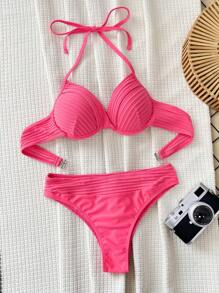 SHEIN Swim Summer Beach Vacation Swimming Pool Solid Texture Push-Up Bikini Set With Underwire