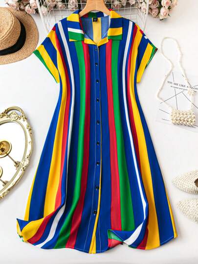 SHEIN Clasi Plus Size Summer Holiday Striped Color Block Front Button Batwing Sleeve Dress