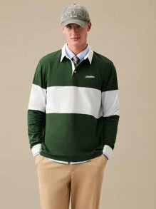 Manfinity VCAY Camisa polo vintage de manga larga de dos tonos con botones hasta la mitad y bloqueo de color, bordado de letra de algodón para hombre, regalo para novio, regreso a la escuela - Multicolor - Ver 1