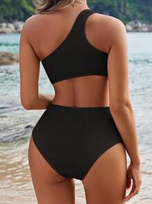 SHEIN Maternity Summer Beach Fashionable Solid One Shoulder Bikini Set - Black - View 2