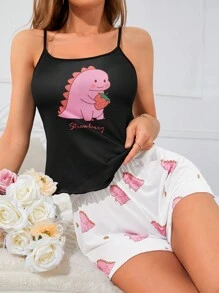 Size-Coded Strawberry And Little Dinosaur Patterned Camisole Women Pajama Set - Multicolor - View 5