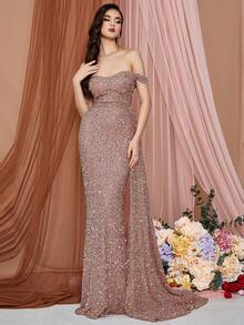 LOVE&LEMONADE Off-shoulder Drape Detail Sparkly Dress - Apricot - View 3