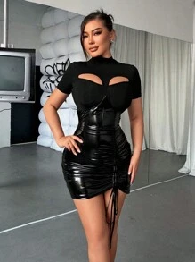 SHEIN SXY 性感優雅女士短款PU皮裙 - 黑色 - 查看 6