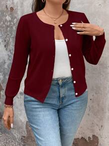 SHEIN LUNE Plus Size Women Fashion Solid Color Long Sleeve Button Front Cardigan For New Year Clothes, For Winter