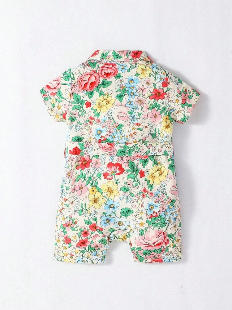 Holiday Style Baby Girls Flower Print Romper With Lapel Collar, Open Front & Bowknot Tie, Cute, Fashionable And Elegant For Summer
