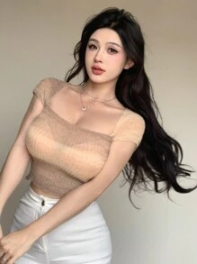 DAZY 女士夏季短袖针织上衣，撞色修身剪裁，可爱上衣 - 卡其色 - 查看 7