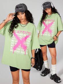 SHEIN EZwear Women's Graffiti Slogan Print Tie-Dye Washed Loose T-Shirt - Green - View 1