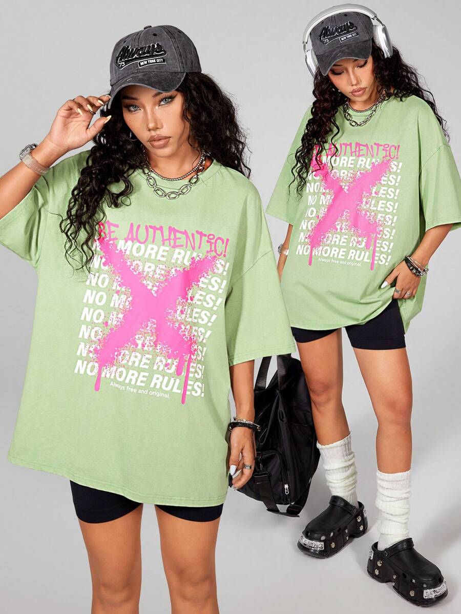SHEIN EZwear Women's Graffiti Slogan Print Tie-Dye Washed Loose T-Shirt - Green - View 1