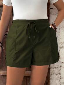 Calvaya Plus Size Solid Color Drawstring Daily Casual Shorts - Army Green - View 5
