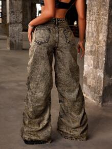 SHEIN ICON 女士时尚褶皱牛仔裤