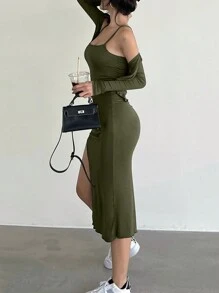 INAWLY 女裝夏季休閒純色高開叉修身細肩帶連衣裙和長袖上衣二件套裝 - 軍綠色 - 查看 4