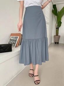 DAZY Women Fashionable Solid Color High Waist Long A-Line Skirt