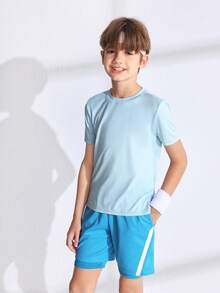 Conjunto deportivo para niño preadolescente, elasticidad cómoda para ejercicio de yoga, libertad de movimiento y transpirable, absorción del sudor, moda concisa para entrenamiento, running y ciclismo - Celeste - Ver 5