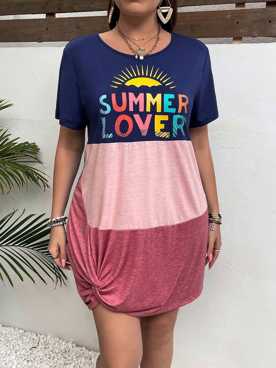 SHEIN VCAY Kích thước lớn Kỳ nghỉ Của phụ nữ Khối màu In thư Đan Đầm giản dị - Nhiều màu - Xem 1