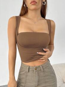 SHEIN EZwear 女性短款寬肩帶背心，夏季款式 - 咖啡棕 - 查看 4