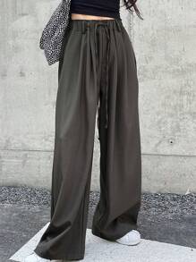 DAZY 女士纯色抽绳腰阔腿休闲裤