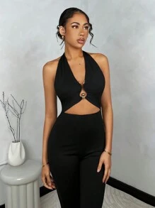 SHEIN BAE Women Slim Flared Hollow Out Jumpsuit With Metal Decorated Neckline And Spaghetti Straps - Black - View 5