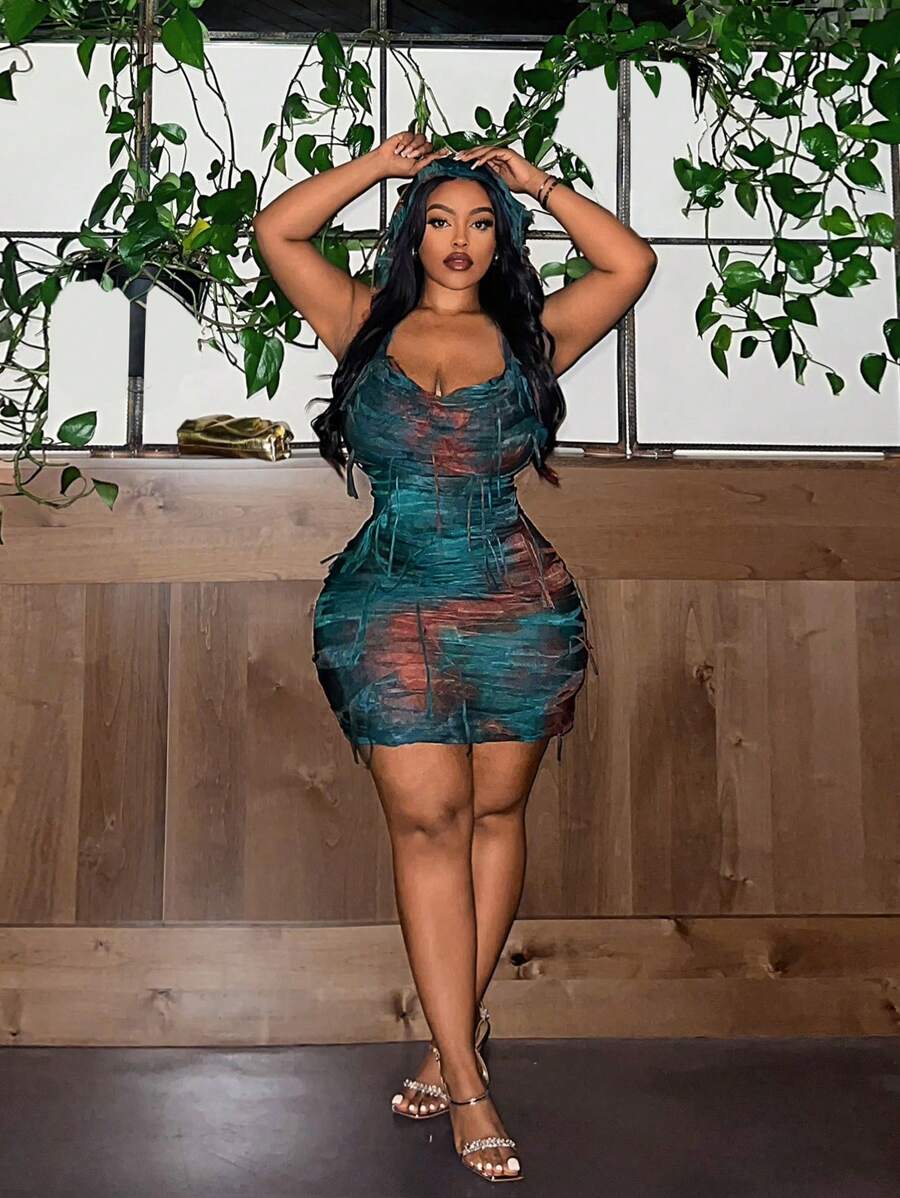 Maweii Plus Size Tie-Dye Fringe Váy Bodycon hở lưng gợi cảm - Nhiều màu - Xem 1