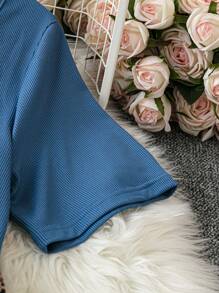 SHEIN LUNE 大尺碼花邊拼接假日風格休閒短袖連衣裙 - 藍色 - 查看 3